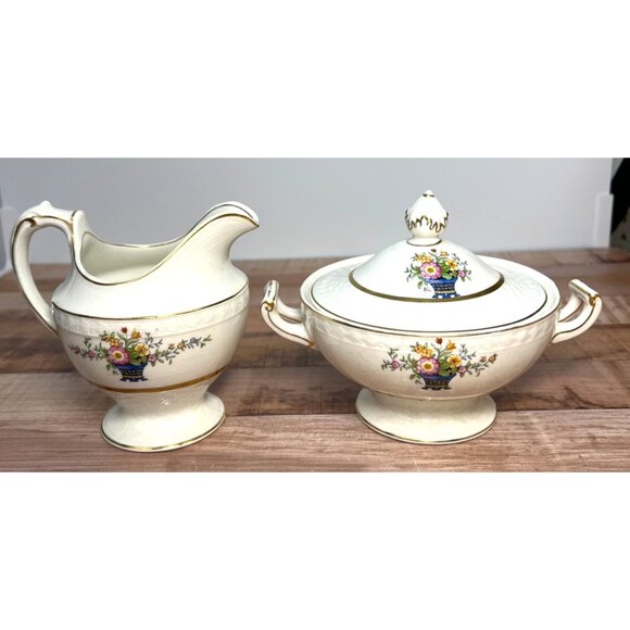 Vintage W H Grindley & Co England Carlton Shape Handled Sugar Bowl & Creamer - Picture 1 of 8